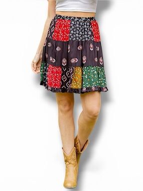 YOUNG THREADS Boho Patchwork Mini Skirt in Black, Large